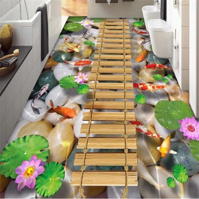 beibehang Wooden bridge lotus carp stone bathroom wall murals flooring custom 3D murals HD non-slip PVC self-adhesive waterproof