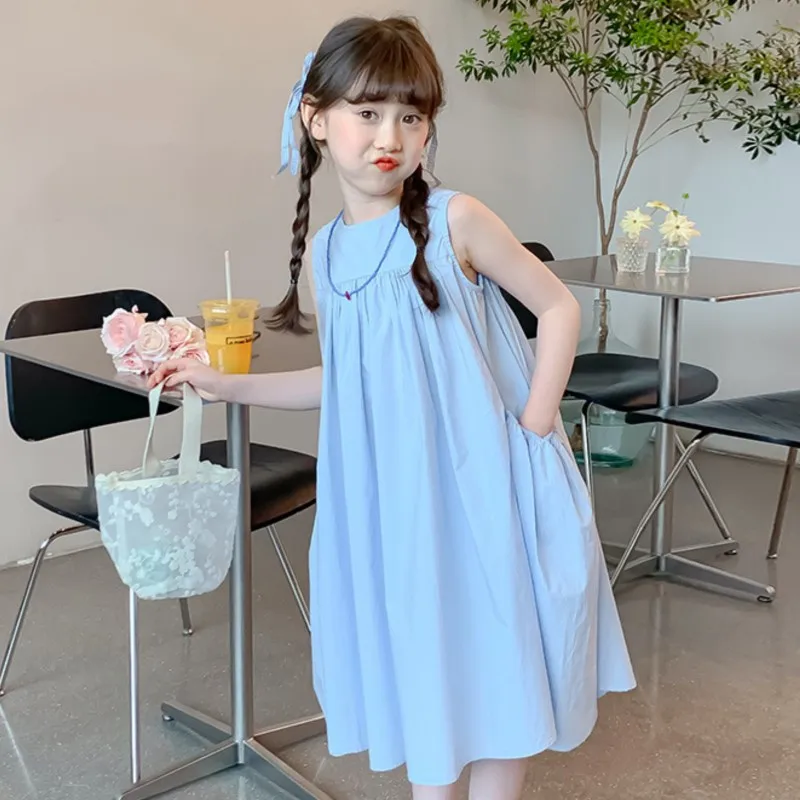 KIDCRKJ Summer Junior Girl Sleeveless Dress Side Big Pockets Cotton Dress For 2-10Y Girls Casual Round Collar Baby Girl Dress