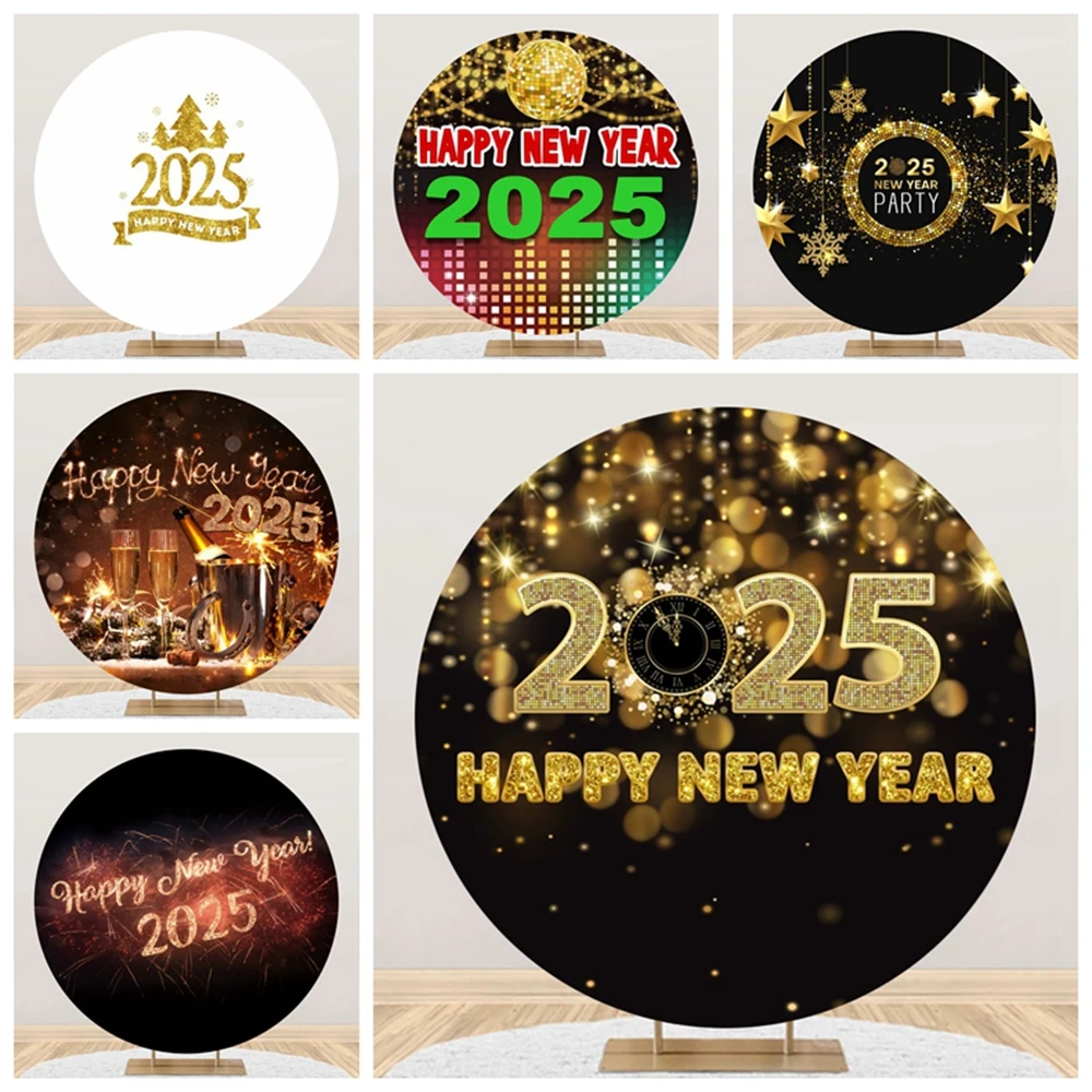 

Happy New Year 2025 Round Background Cover Firework Clock Glitters Photography Backdrop for Christmas Party Photo Decor Props