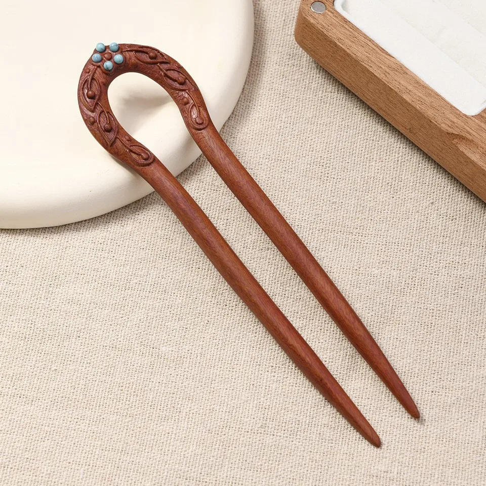 Fashion Jewelry Retro U-shaped Flower Leaf Double Hairpin Hair Headpiece Wooden Is Simple Direct Insertion Method Present