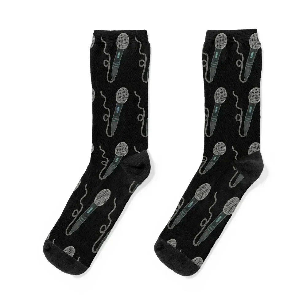 Mic Hand Drawn Black Background Pop Music Vintage Retro Microphone Socks New year's anti-slip Men's Men's Socks Luxury Women's