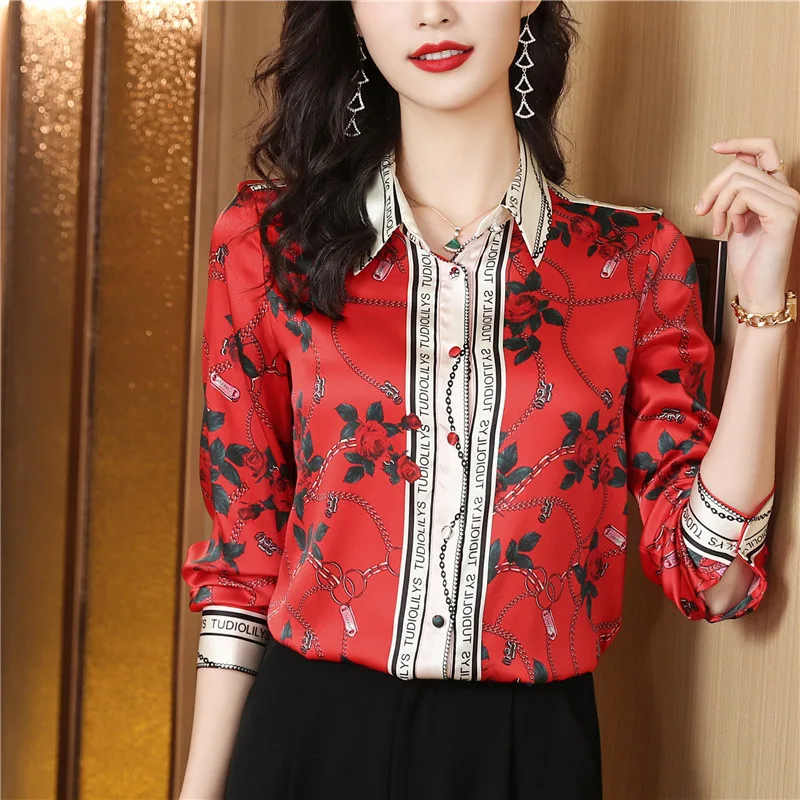 Women Chic Red Printed French Vintage Loose Shirts Lady Elegant Dignified Fashion Long Sleeve Blouse Spring Striped Flower Tops