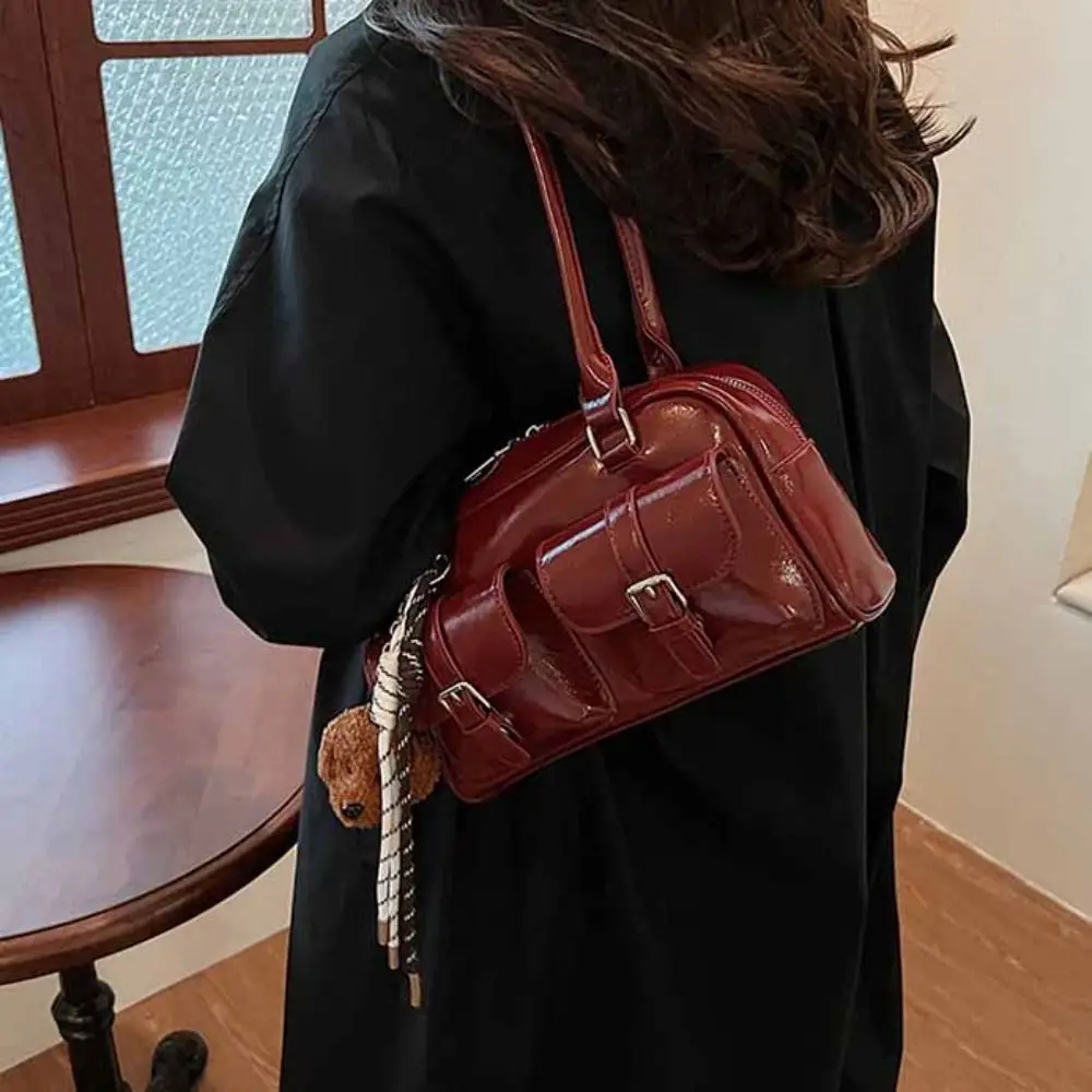 

Korean Style PU Bowling Bag Solid Color Handbag Pocket Boston Tote Bag Minority Design French Style Underarm Bag Portable