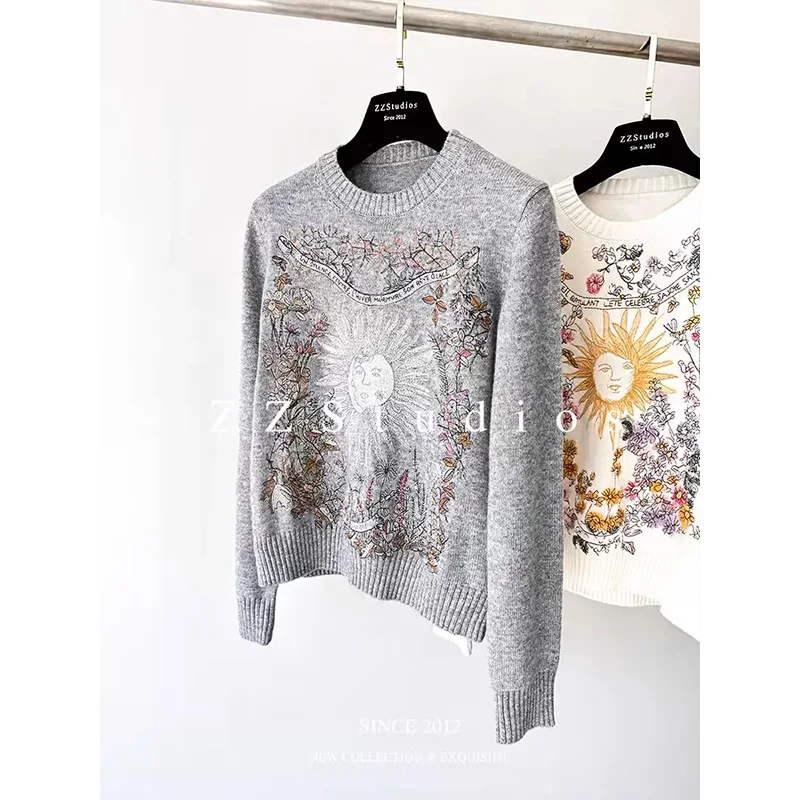 Autumn Winter Y2k Jacquard Loose Knitwear Women Loose O-neck Knitted Pullovers Vintage Chic Fashion Sweater