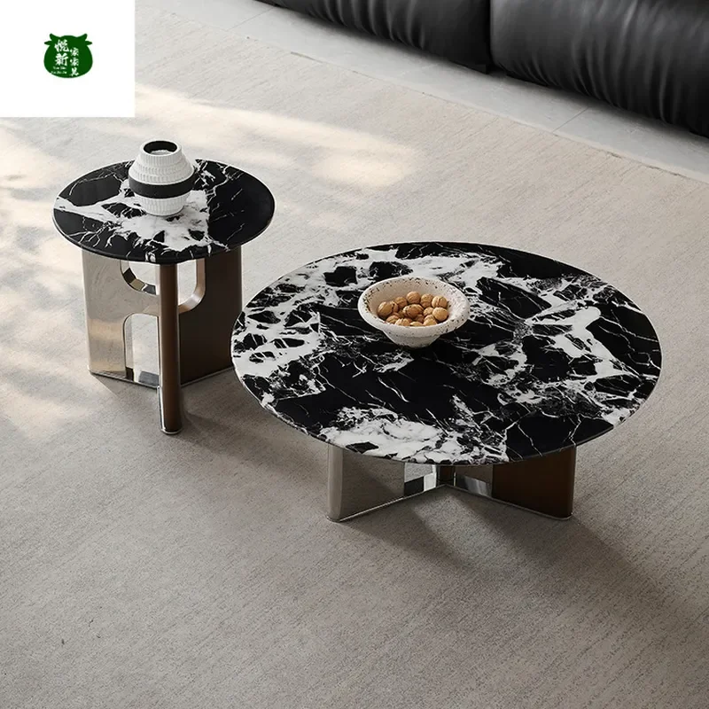 Italian Minimalist Black Marble Round Coffee Table Stainless Steel Base Living Room Sofa Side Table Modern Household