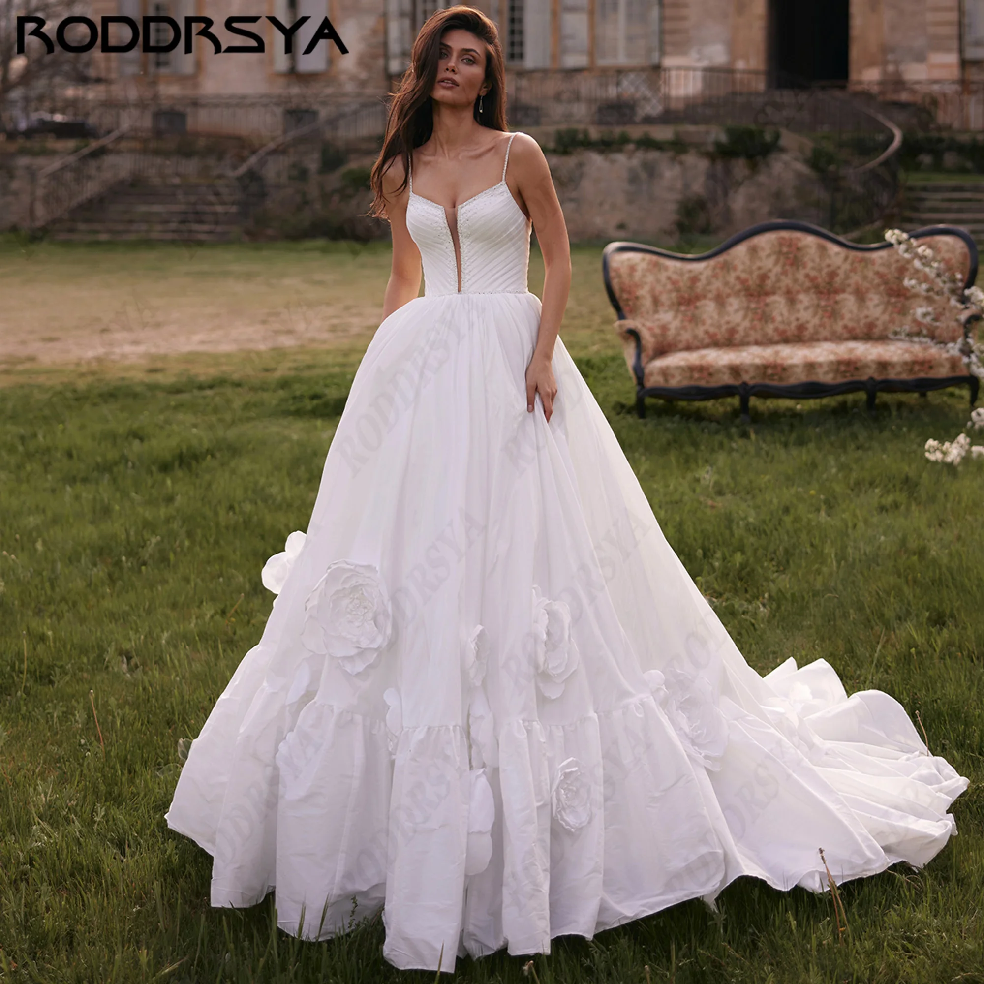 RODDRSYA 3D Flowers Tulle A-Line Wedding Dressn Elegant Sweetheart Bridal Gown Spaghetti Strap Backless Bride Dresses Customized