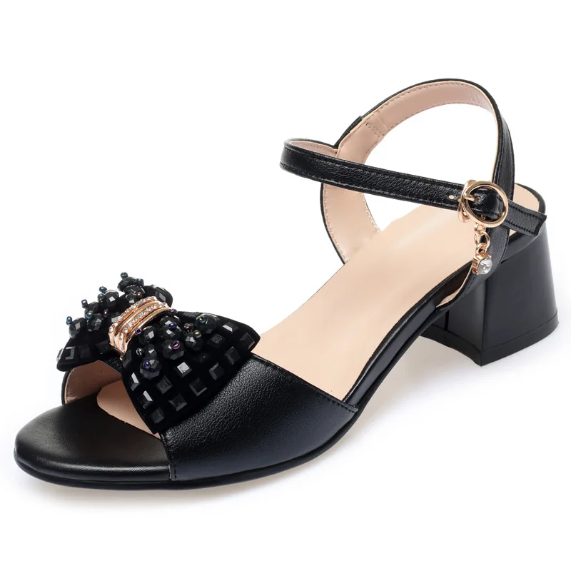 5cm Size 34-43 Fashion Elegant Beads Bow Sandals Women's Block Heel Shoes Summer 2026 Genuine Leather Sandals for Office Mom