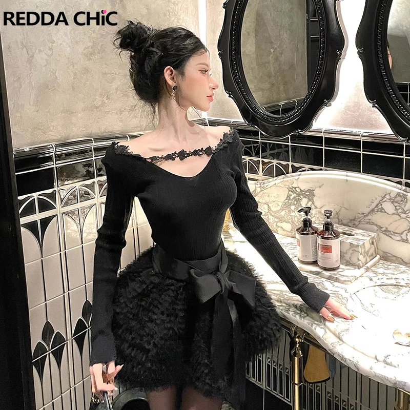 

REDDACHiC Black Knit Top Skirt Set Sexy Lace One-shoulder Long Sleeve T-shirt Bow Belt Mini Skirt Birthday Party Women Clothes