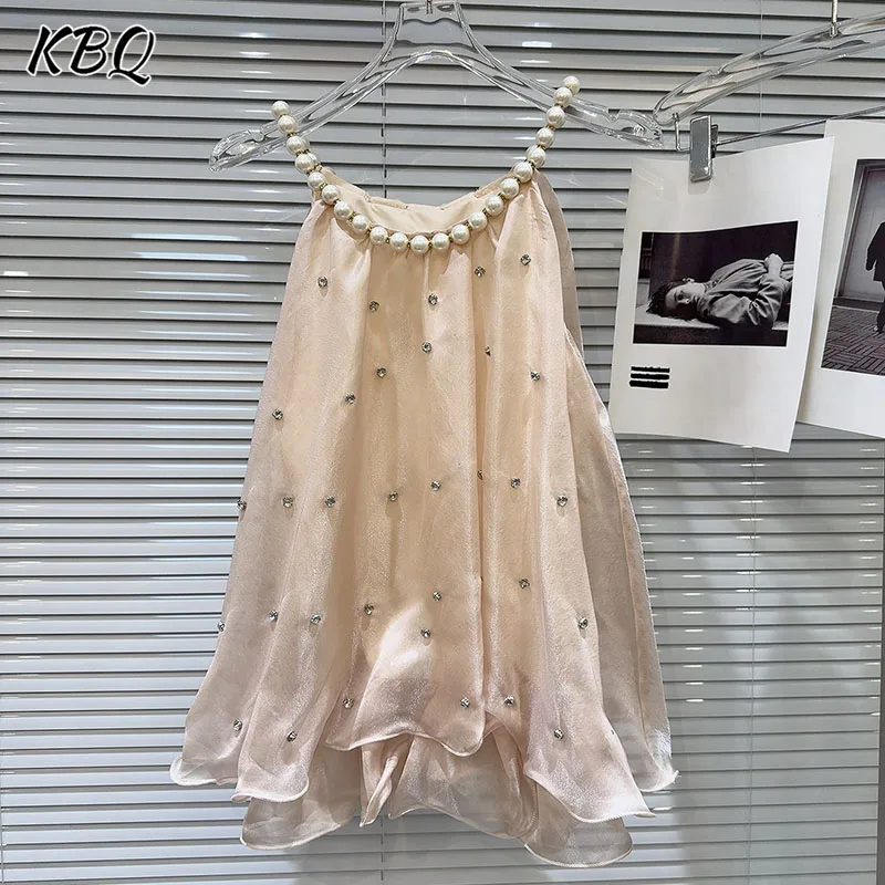 

KBQ Sweet Spliced Pearl Свободный жилет с бриллиантами для женщин с круглым вырезом без рукавов Темпераментный стиль отпуска Топы на бретелях женские летние