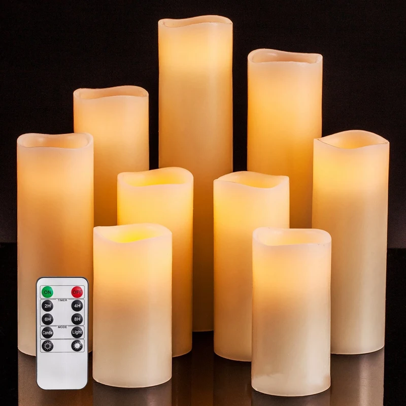 Flameless Candles Set Of 9 Ivory Dripless Real Wax Pillars Include Realistic Wick LED Flames and 1 Remote Control