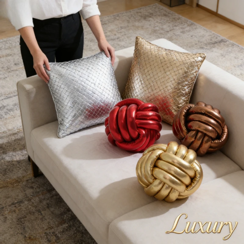 

Christmas Red Gold Knot Ball Throw Pillow Handmade Braided 3-Strand Rope Ball Cushion for Sofa Bay Window Home Decor