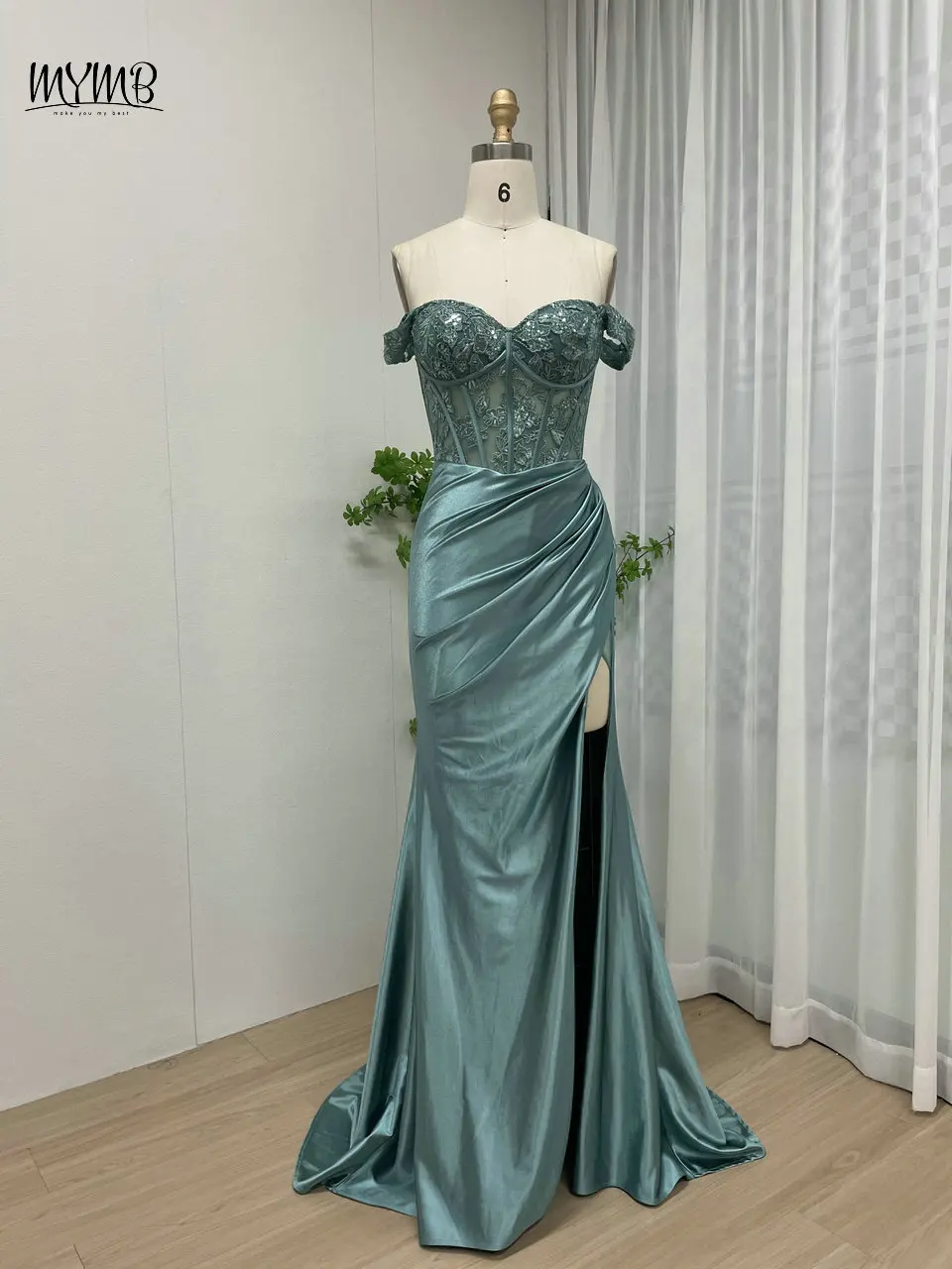 MYMB Exclusive Off Shoulder Satin Evening Formal Prom Dresses for Women Party Elegant High Slit Mermaid Aqua Wedding Guest Gowns