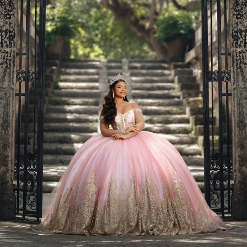 

Розовые платья Quinceanera по индивидуальному заказу с открытыми плечами, блестящая наклейка, кристальное кружево, длинный хвост, Vestido 15, Quinceanera