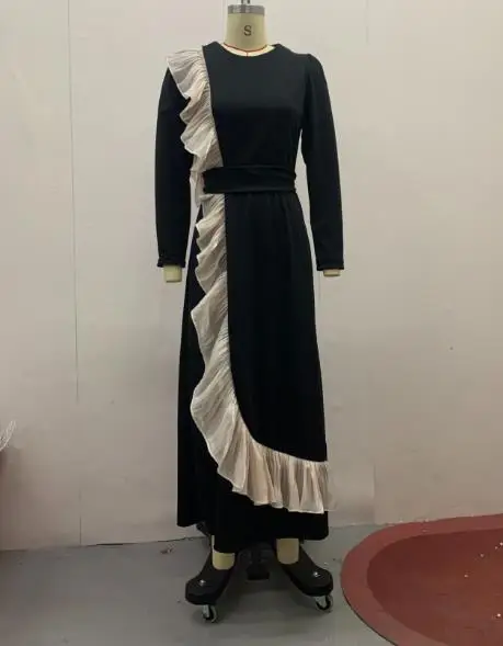 Vestidos para mujer 2025 primavera otoño nueva moda contraste Color encaje Patchwork manga larga Casual cuello redondo vestido largo