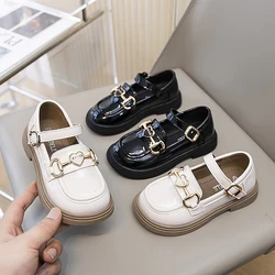 Girls' leather shoes 2024 new soft sole British style small leather shoes kid's Metal buckle diamond heart casual leather shoes