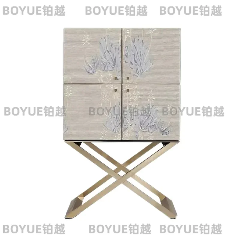 Luxury Retro Embroidered Solid Wood Wine Cabinet Modern Villa Living Room Wall Storage Decorative Display Shelf High End Home