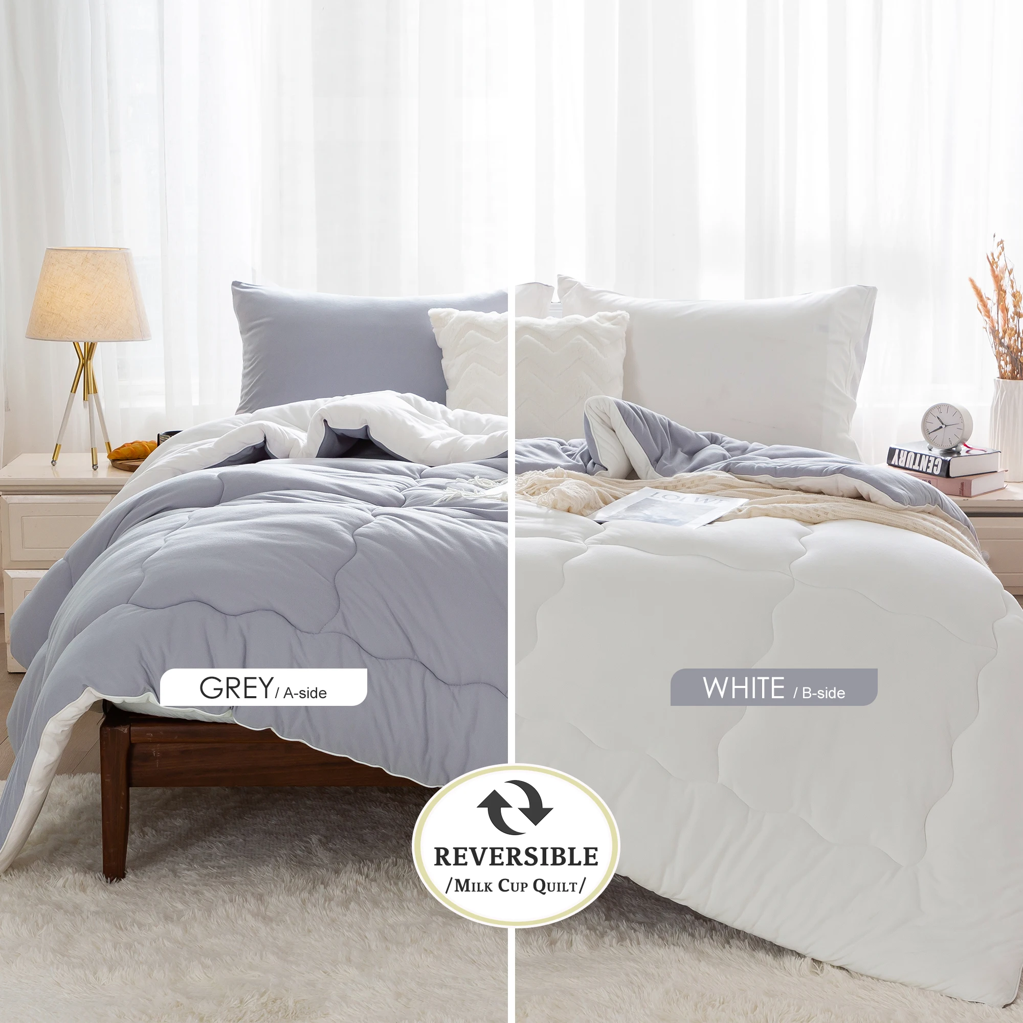 

Weight Breathable Bedding 1 Down Alternative with 2 Pillowcase for all season,Soft Queen Size Comforter Set,Light grey and White