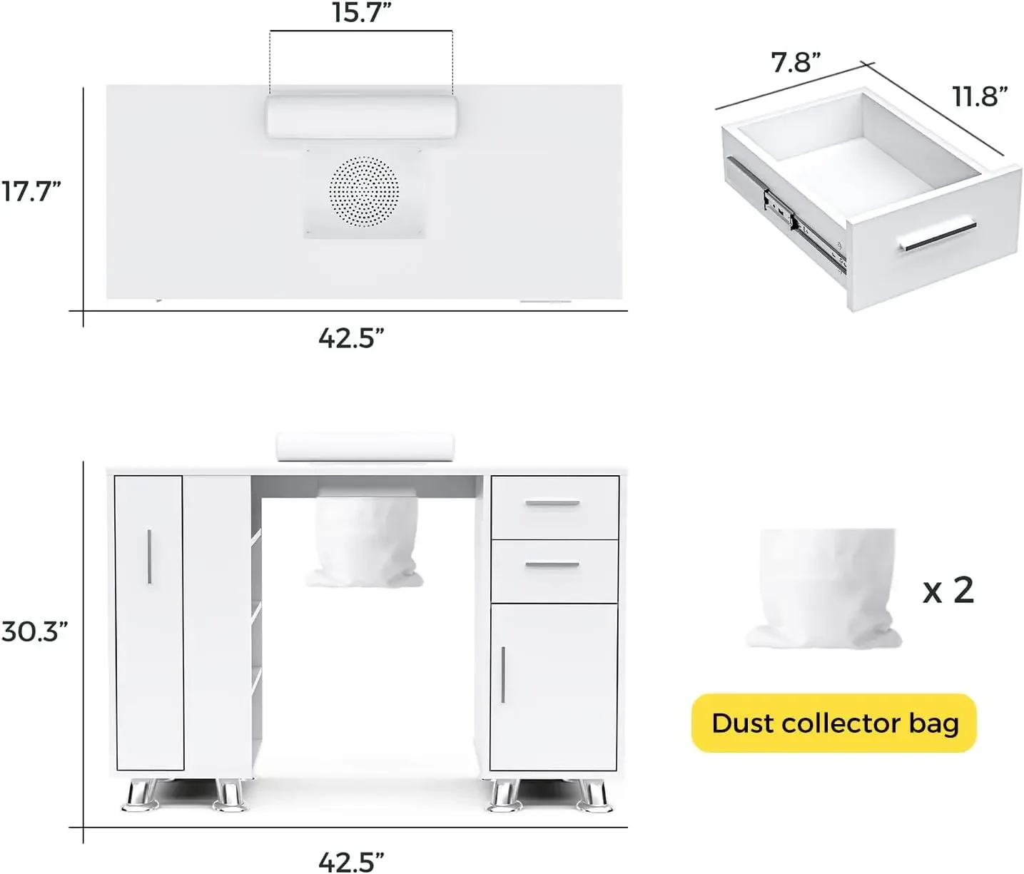 Mesa de tecnologia de unhas com coletor de poeira, estação de mesa de unhas resistente a acetona com 2 sacos de pó e descanso de pulso, fornecimento de unhas de salão de beleza