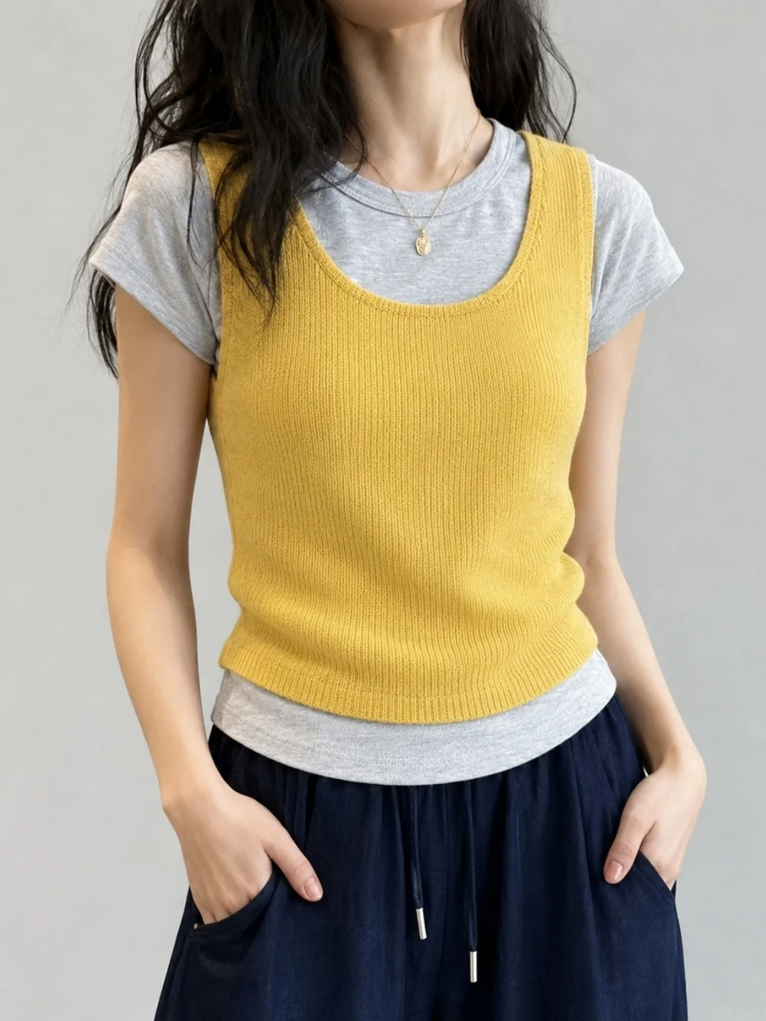 

Korean Style Ice Silk Knitted Short Sleeve Top Fake Two-Piece Versatile Layering Youthful Slimming Summer Fashion Women's Shirt