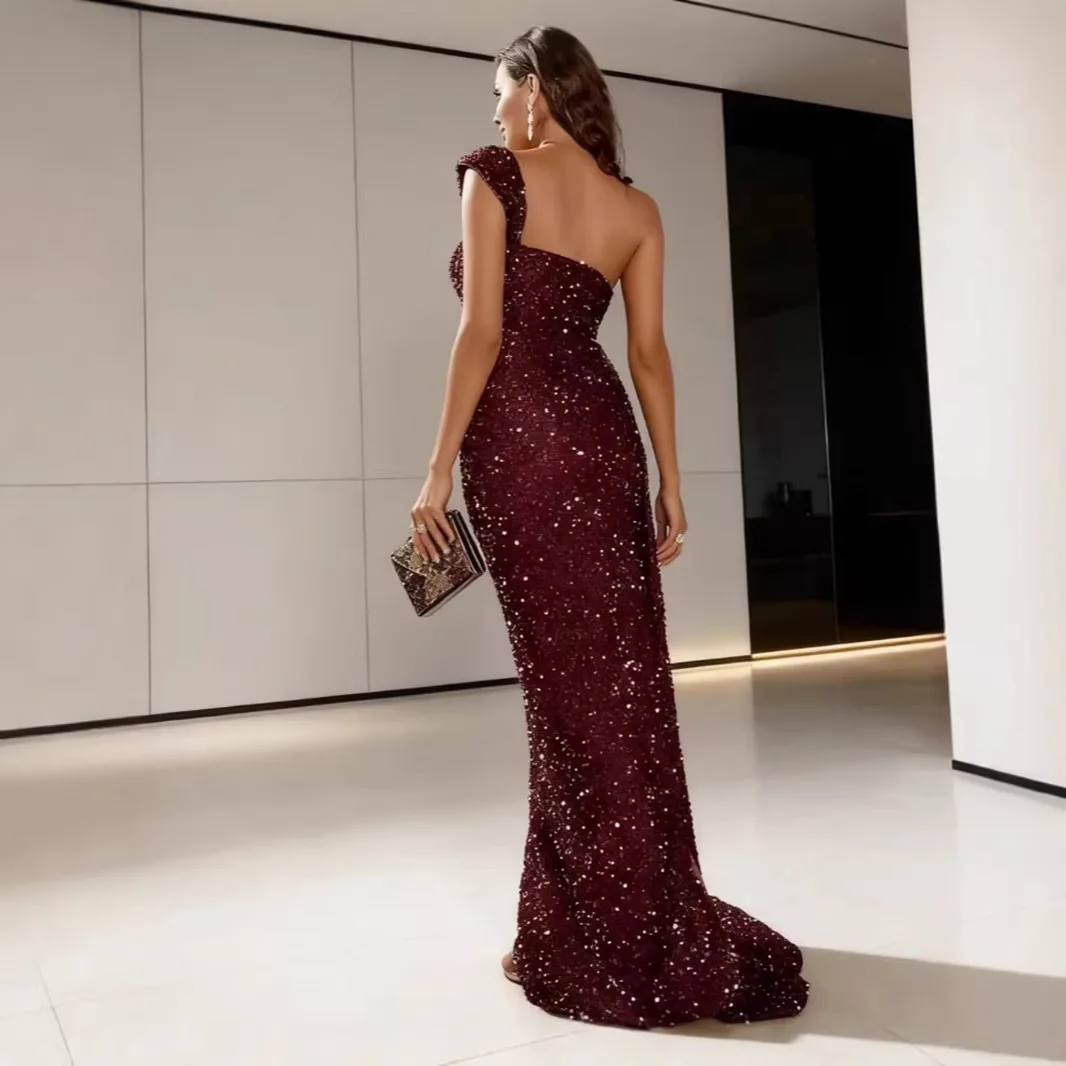 Solid Color Sequin Suspender Square Neck Slim Fit Floor Length Split Dress Birthday Night Party Sexy and Elegant Long Dress
