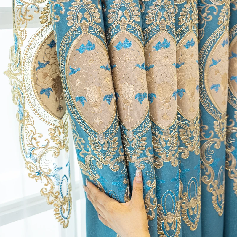 

luxury high-grade Custom classical European Embroidery blue window livingroom curtain valance tulle M1717
