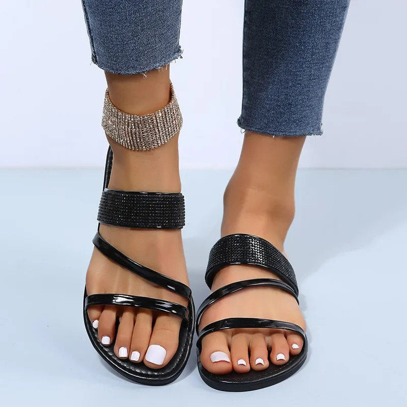 Fashion Plus Size One-line Sandals For Women,Outwear Summer New Arrival Rhinestone Breathable Casual Women's Slippers