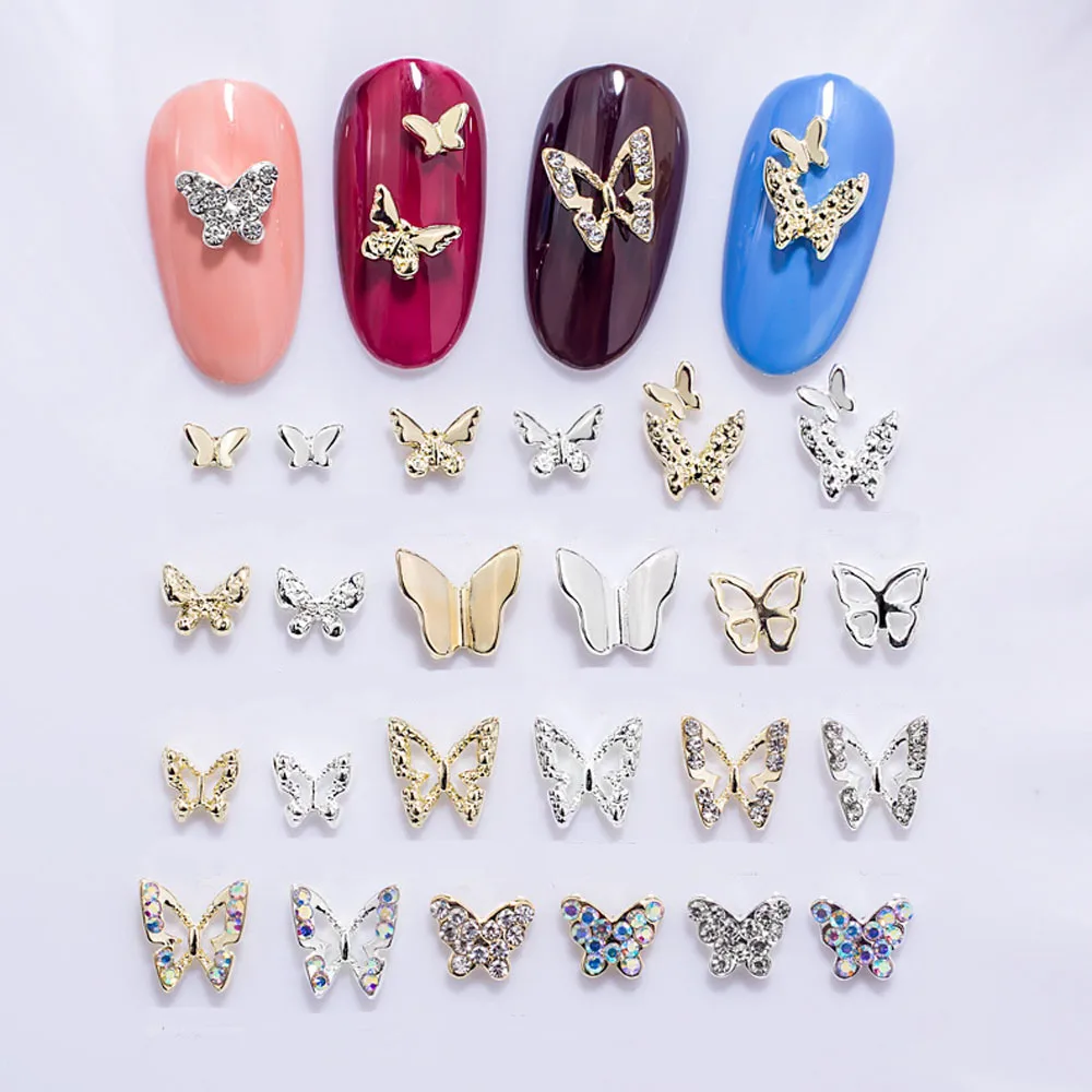 Mini Liga Borboleta Nail Art Charme, Jóias DIY, 3D, Prata, Ouro, Diamante, Kawaii Acessórios, 10Pcs