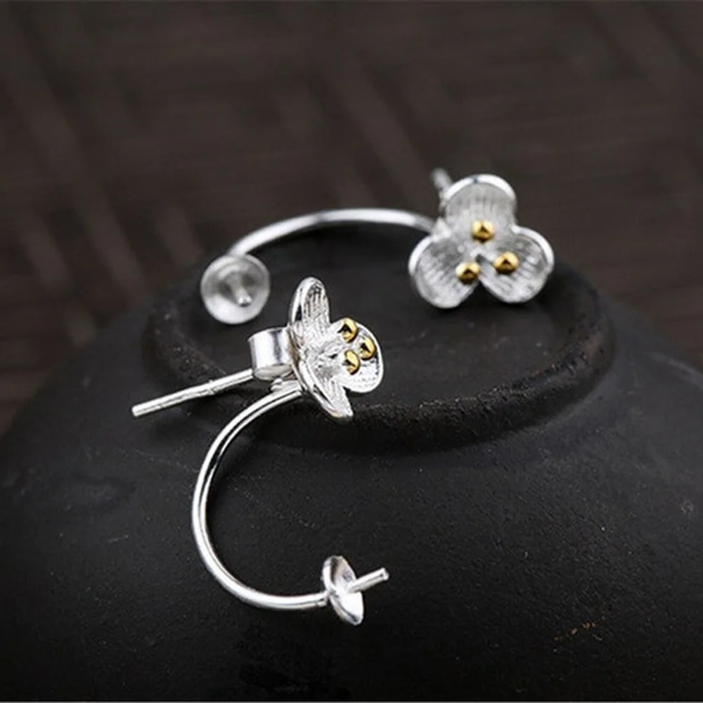 

Sterling Silver Earring Settings for 6-10mm Round Beads White Gold Plated 925 Silver Flower Earring Components E185B