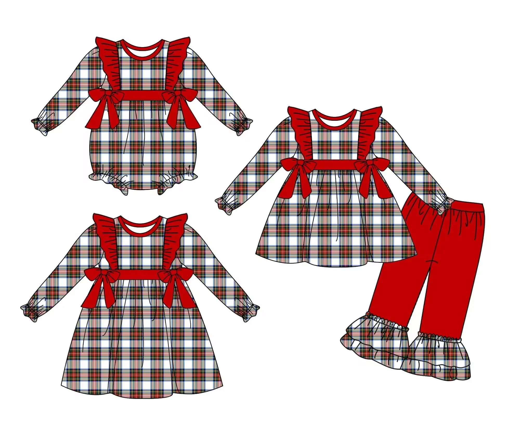 Wholesale toddler clothing long sleeve pants suit girls Christmas clothing set green red plaid clothing custom milk silk