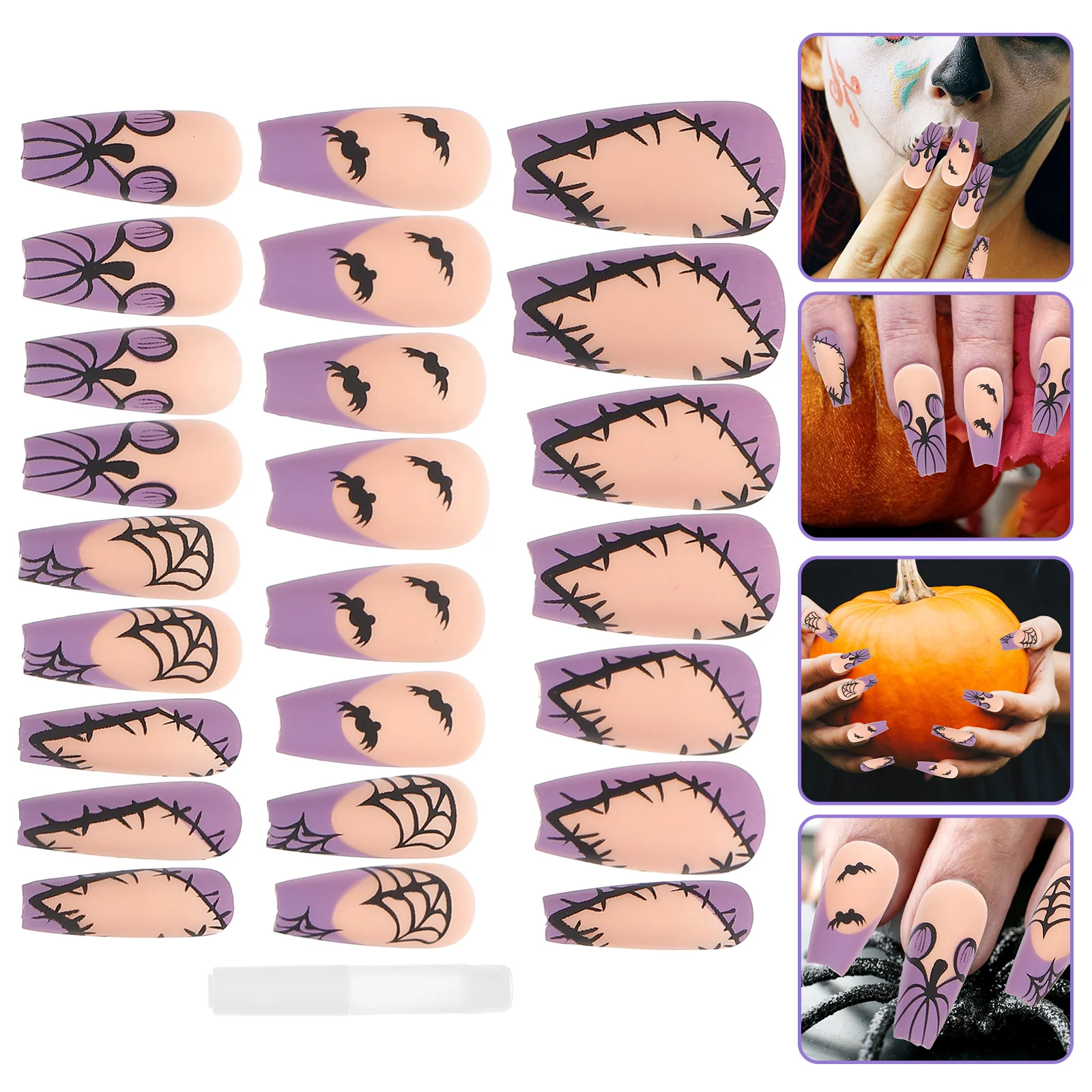 

24 Pcs Fake Nails False Press on Coffin Halloween Charm Detachable Environmental Resin Short Decorative