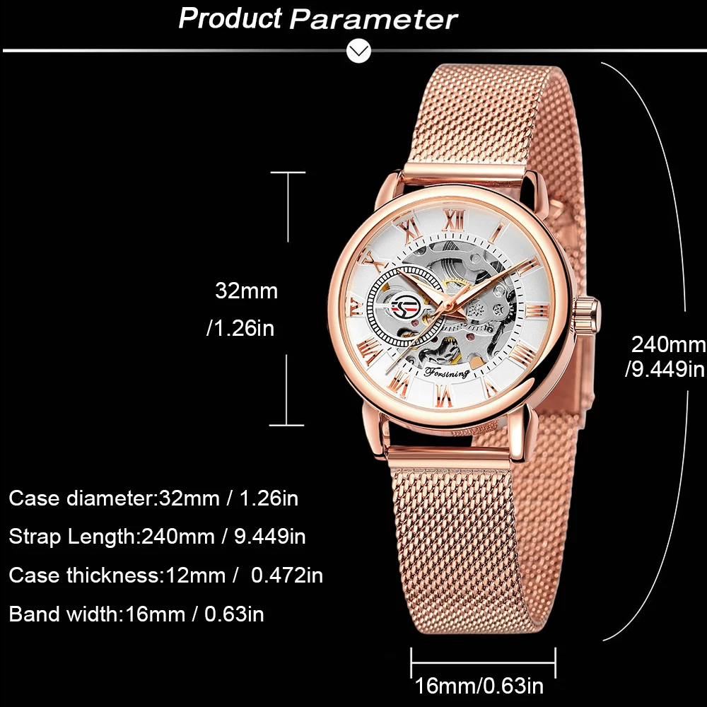 FORSINING Классические элегантные женские часы Скелет Ручной ветер Механические наручные часы с римскими цифрами Сетчатый ремешок Ретро Роскошные часы