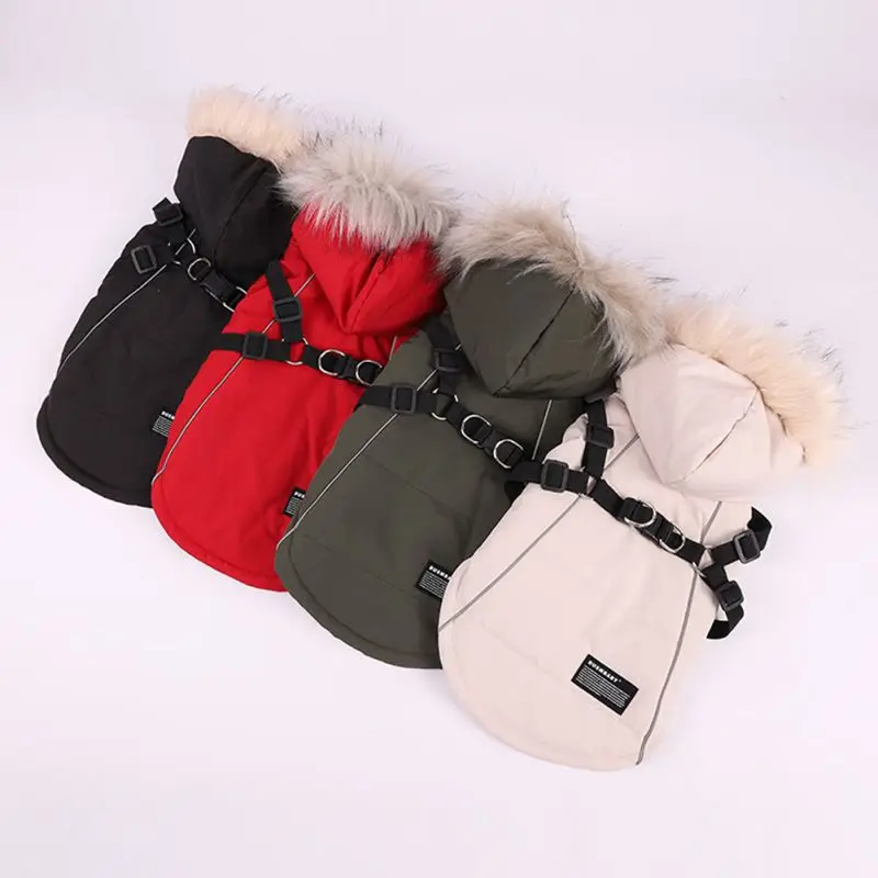 Winter Dog Clothes with Hooded Dogs Warm Fleece Large Dog Jacket Waterproof Pet Coat with Harness Puppy Costume