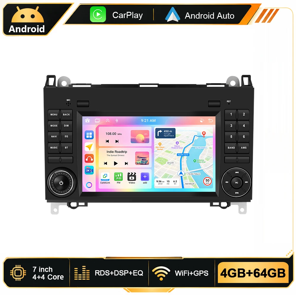 Podofo 7'' 6G+128G Android Auto-Multimedia-Player für Mercedes Benz Sprinter W906 W209 A-Klasse W169 B-Klasse W245 Viano/VITO GPS-Navigation WiFi BT Smart Car Systems CarPlay Android Auto Autoradio