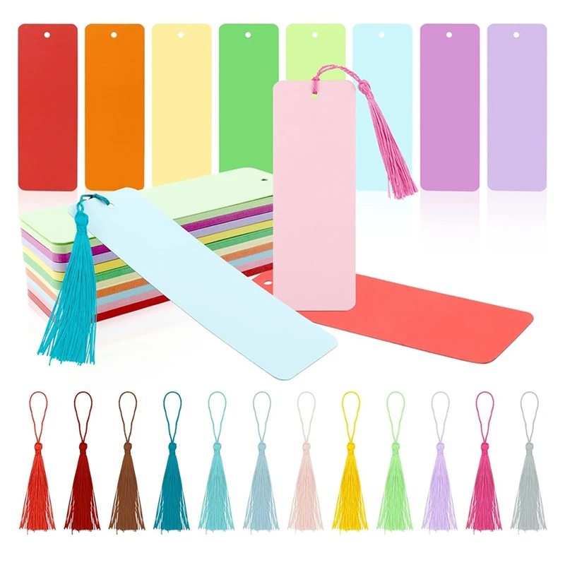 100 Pack Blank Color Bookmarks Cardstock With 100 Pcs Colorful Tassels, Craft DIY Paper Bookmarks For DIY Craft Projects