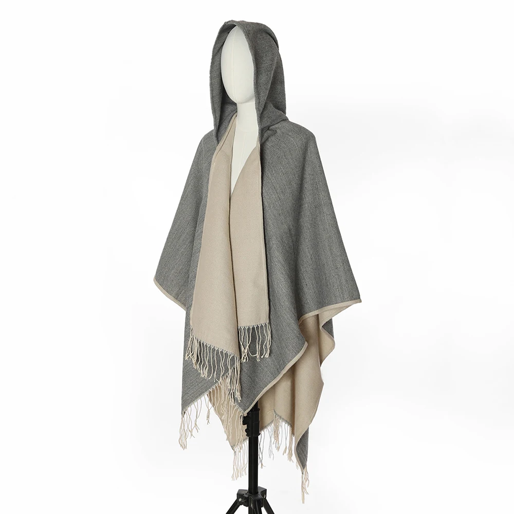 

Двусторонняя однотонная толстая накидка из искусственного кашемира с капюшоном, длинное пончо, верхняя одежда унисекс, осенне-зимний плащ-накидка