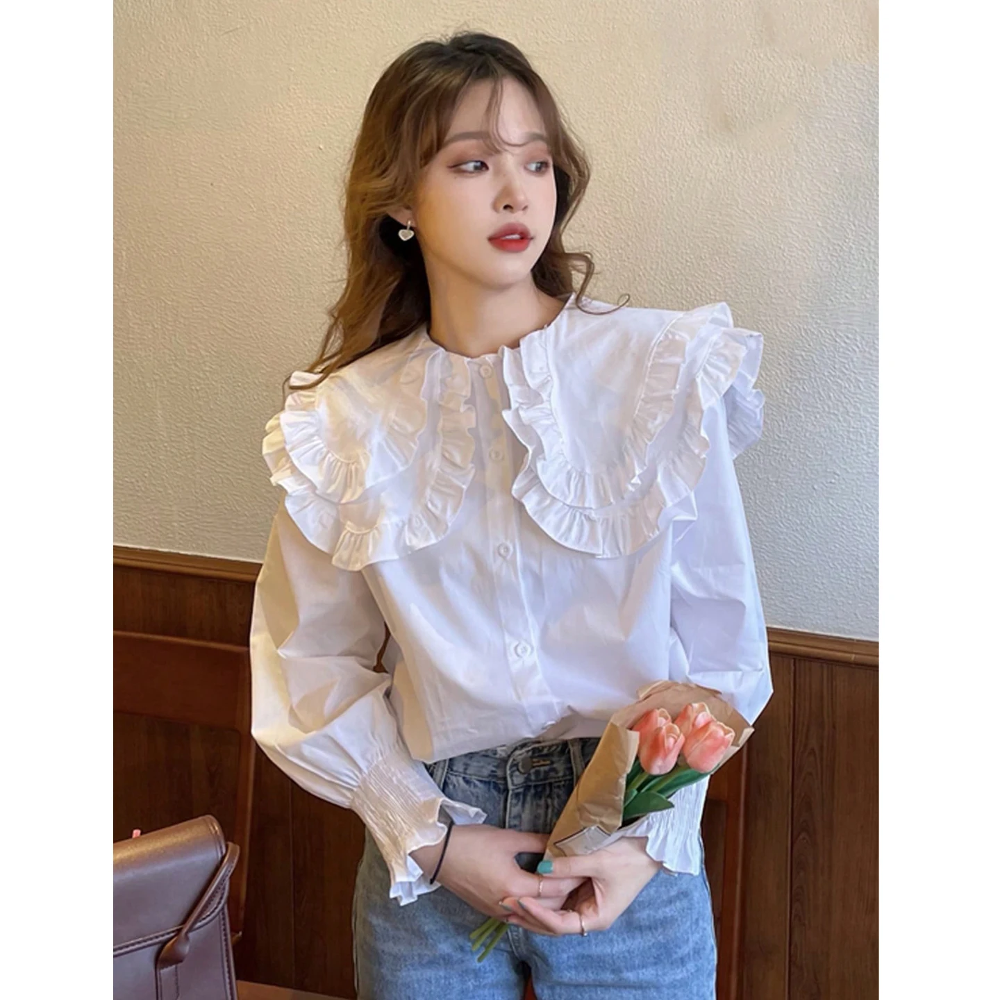 

Sweet Style Long Sleeve Babydoll Collar Shirt Women Loose Fit Slimming Commute Top Trendy Korean Version Leaf Detail