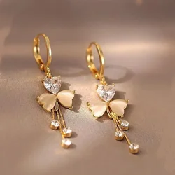 Temperament Clover Crystal Opal Flower Drop Dangle Earring for Women Charm Gold Color Long Tassel Stud Bride Jewelry Accessories