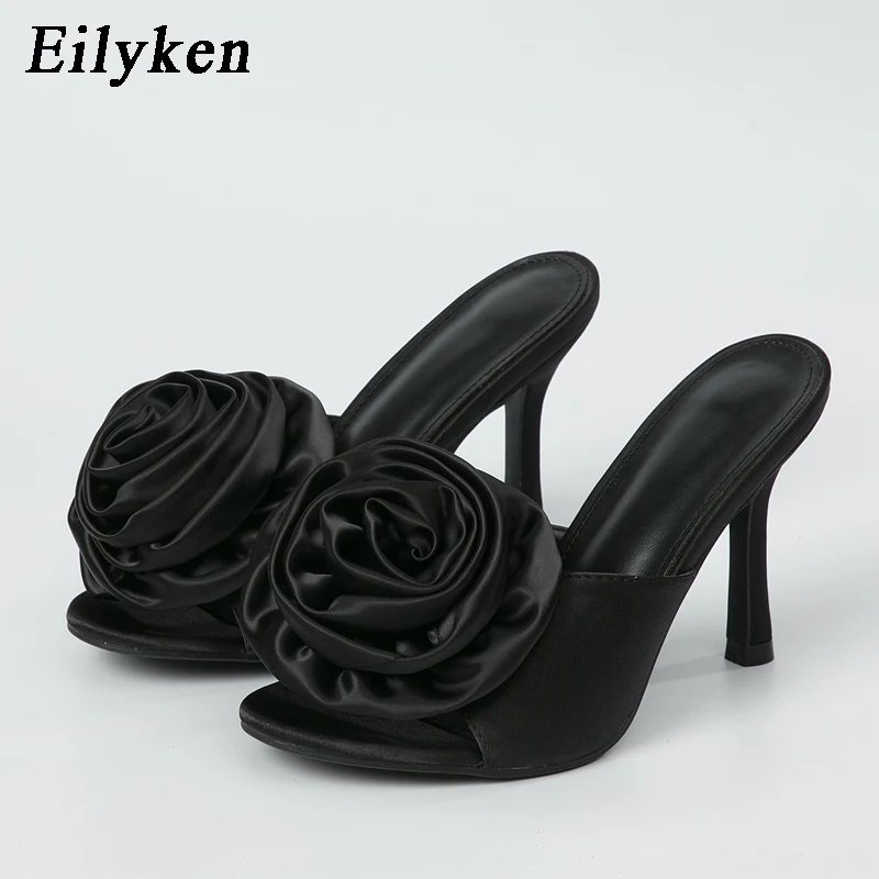 Eilyken nowy styl satynowe kwiaty damskie kapcie 2024 projekt muลy slajdy buty damskie szpilki Stiletto letnie klapki
