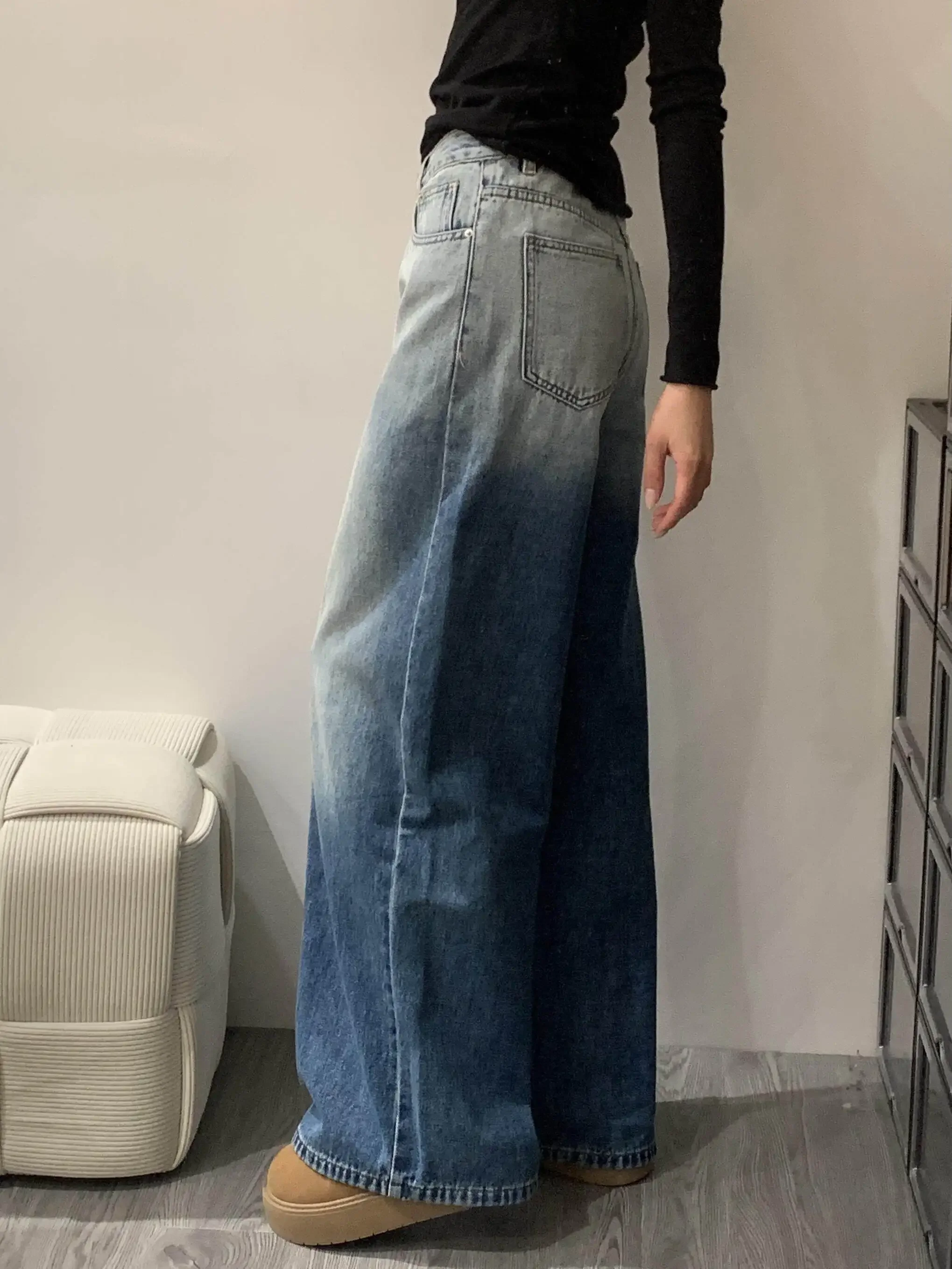 

Джинсы Y2K с синим градиентом, женские, в американском винтажном стиле, с высокой талией, широкими штанинами, облегающие, длиной в пол