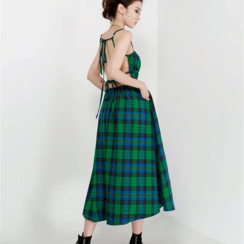 Vintage Green Plaid Backless Strap Dress Women's Sexy Sweet Sleeveless Lace-up Beach Dresses Vestidos De Verano Mujer 2023