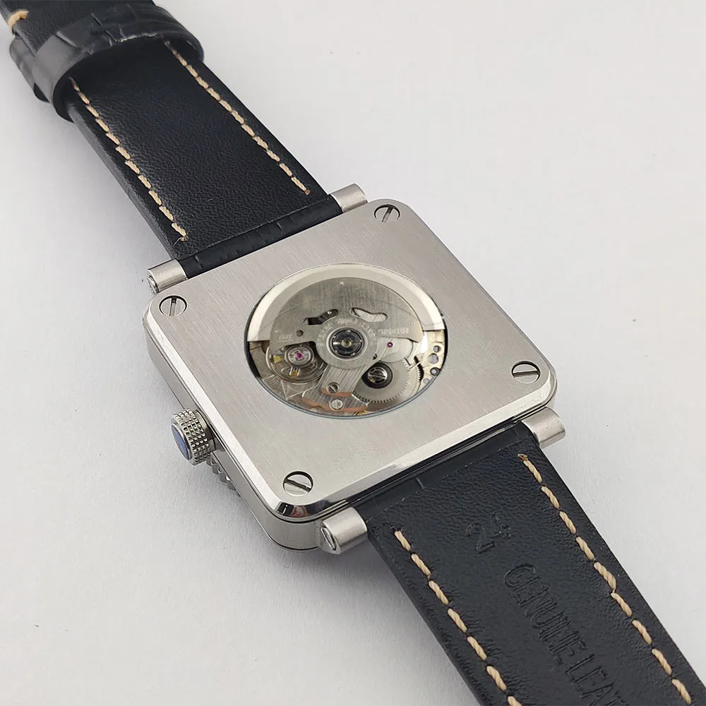 Relógio masculino quadrado elegante nh35 luxo esportes movimento automático vidro de safira resistente à água 10atm pulseira de couro relógios