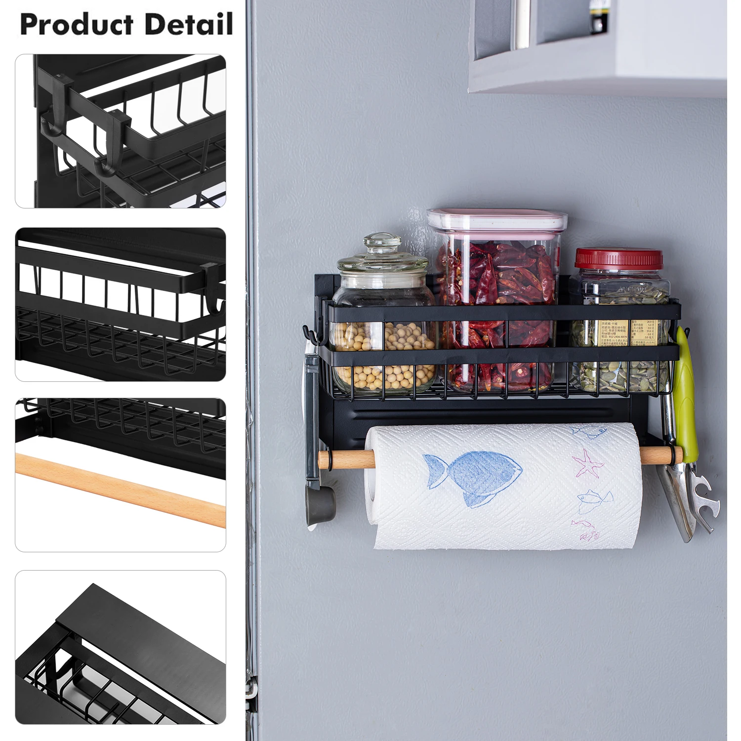 Magnetic Spice Rack for Refrigerator with Hook Paper Towel Holder Rustproof Spice Jars Rack Multi Use Refrigerator Side Shelf