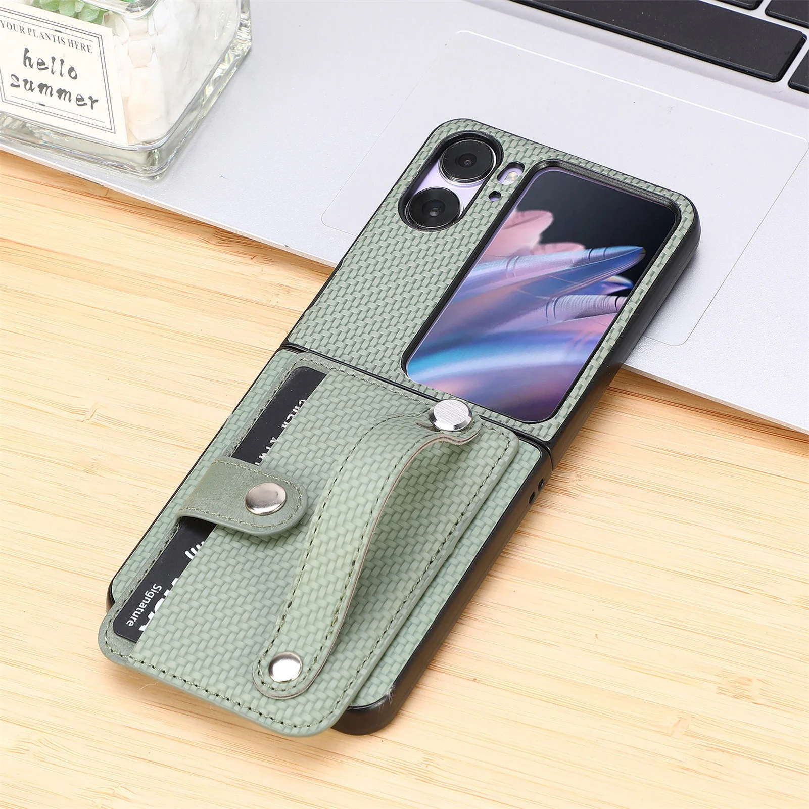 For OPPO Find N2 Flip Case High-quality Carbon Fiber Leather card slot Strap Stand wallet card slot Cover Case For Find N2Flip