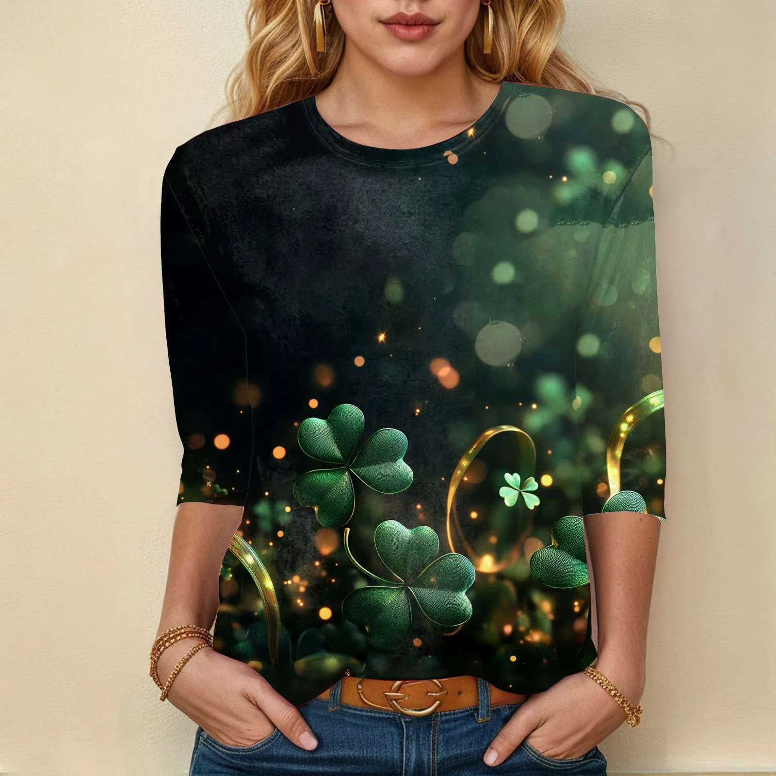 Summer St. Patrick’S Day Women T Shirt 3/4 Sleeve 3d Print Themed Festival Party T Shirt Tops Trendy Blouse Ropa De Mujer