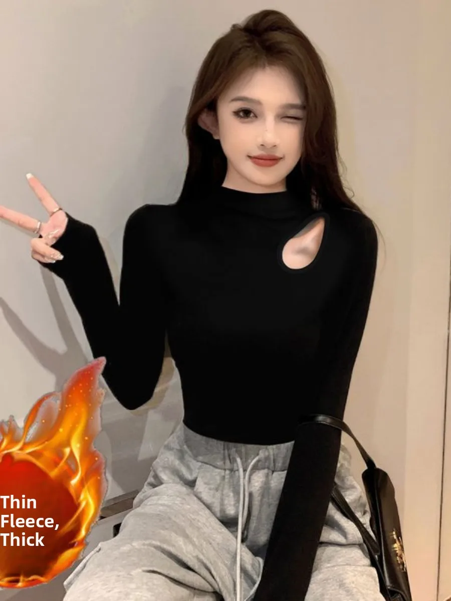 

Black Hollow out Half High Collar Fleece Lined Knitted Long Sleeve Base Shirt Women's Autumn Winter Inner Wear Slimming Fashi...