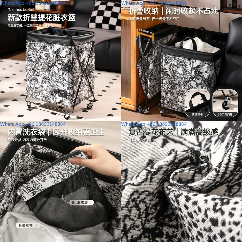 

French vintage laundry basket with wheels large capacity foldable bathroom storage bin