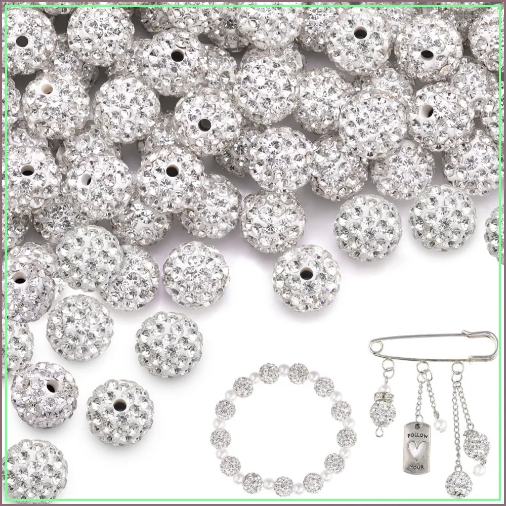 100 pcs 10mm Rhinestone Beads for Jewelry Making, White Shiny Round Beads for DIY Necklace Bracelet Earring