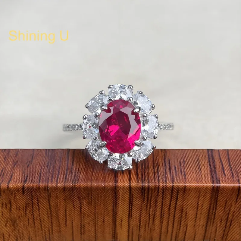 Shining U 925 Sterling Silver 7*9mm Oval Emerald Ruby Ring for Women Fine Jewelry Engagement