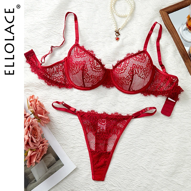 

Ellolace Romantic Sexy Lingerie Sensual Hollow Bra Hilitos 2PC Set Tempted Floral Print Boudoir Intimate Women's Underwear