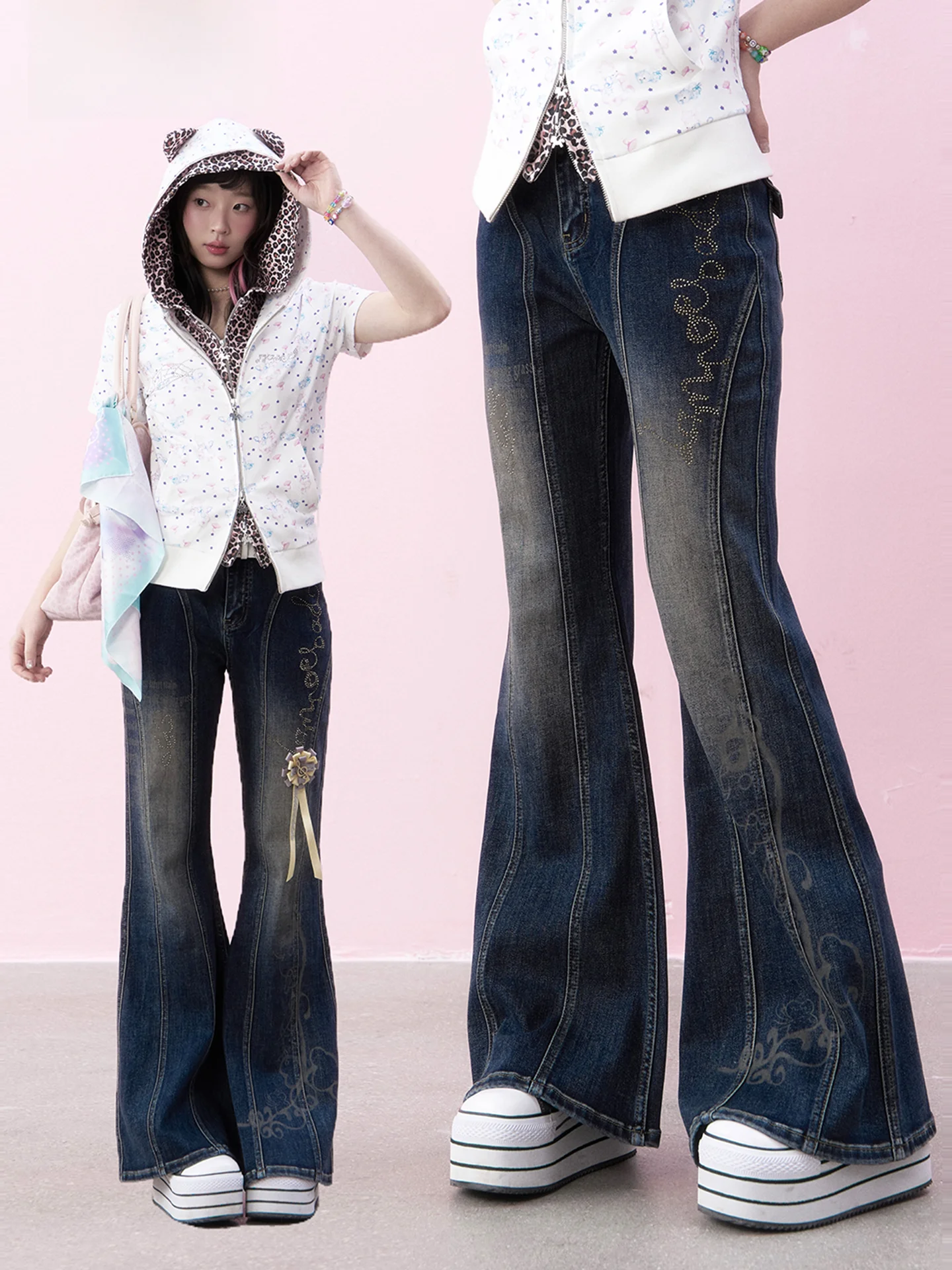 

Iamnoad Collaborative Edition Printed Totem Frayed Jeans Women's Moderate Stretch Comfortable Fit Summer Jeans